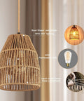 Hand Woven Hemp Rope Pendant Light With 15 Foot Golden Cord And Stepless Dimmer Switch Brings Straight Up Cozy 360 Glow, bowl shape and 40W bulb.