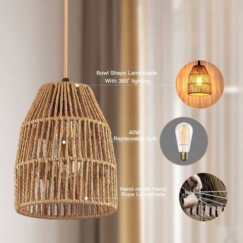 Hand Woven Hemp Rope Pendant Light With 15 Foot Golden Cord And Stepless Dimmer Switch Brings Straight Up Cozy 360 Glow, bowl shape and 40W bulb.