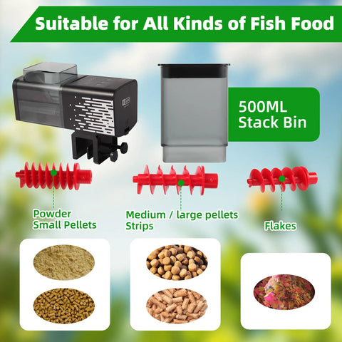 AWUAWU Automatic Fish Feeder With 17 Oz Large Capacity For Indoor Aquariums Featuring Reliable Screw Push Dispensing Mechanism And Interchangeable Nozzles To Effortlessly Handle Pellets Flakes And Powder Food While Keeping Freshness Locked In Securely