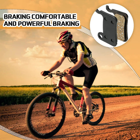 Cyclist on trail with inset of Six Pairs Resin Bike Brake Pads For Disc Brakes Compatible With Shimano Deore XT XTR LX SLX
