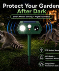 Solar Powered Ultrasonic Animal Repeller Pro Defense For Garden And Yard Deterrent Scares Deer Raccoon Squirrel Cats Rabbits Skunk With Motion Sensor Light IP65 Weatherproof Outdoor Protector in garden at night