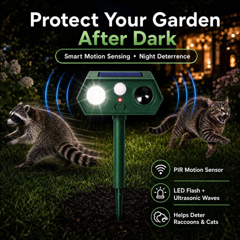 Solar Powered Ultrasonic Animal Repeller Pro Defense For Garden And Yard Deterrent Scares Deer Raccoon Squirrel Cats Rabbits Skunk With Motion Sensor Light IP65 Weatherproof Outdoor Protector in garden at night