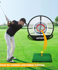 Golfer using Pop Up Golf Chipping Net With Hitting Mat, Collapsible Indoor Outdoor Practice Set, on green field with target net visible.