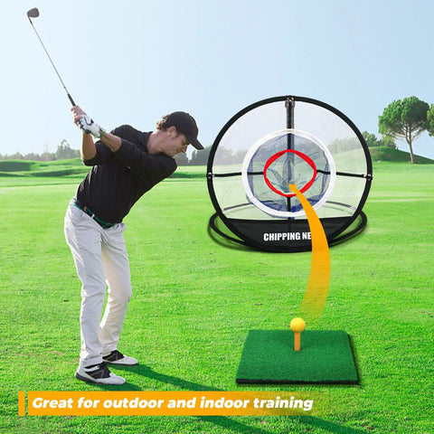 Golfer using Pop Up Golf Chipping Net With Hitting Mat, Collapsible Indoor Outdoor Practice Set, on green field with target net visible.