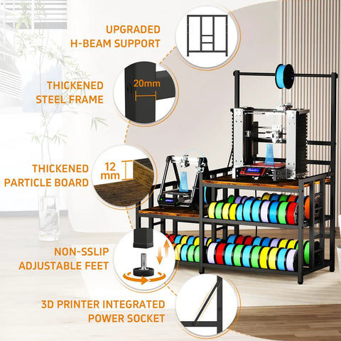 Heavy Duty 3D Printer Desk With Knockout Filament Storage Rack And Plug And Play Power Outlet, Dual Print Station For Abs Pla Tpu Spools, Boss Level Organization For Streamlined Workflows, Sturdy Wood Cabinet Setup In Classic Retro Brown