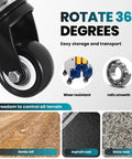 Close-up of a 360-degree rotating wheel for Shop Grade Welding Table With 5 Level Adjustable Height And 1100 Lb Capacity.