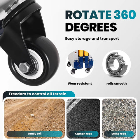 Close-up of a 360-degree rotating wheel for Shop Grade Welding Table With 5 Level Adjustable Height And 1100 Lb Capacity.