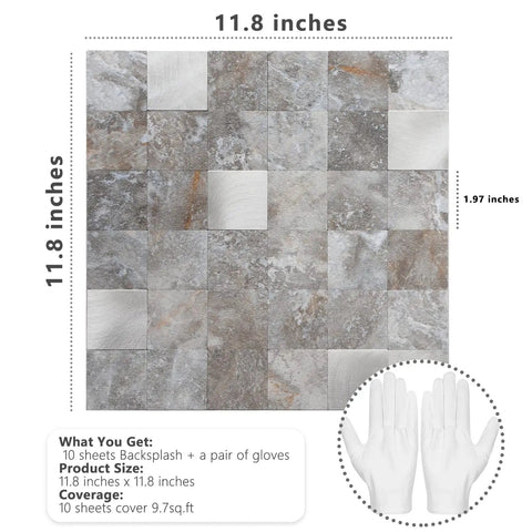 Peel And Stick Kitchen Backsplash Tile PVC Mixed Metal Look Volakas White Ten Sheets Strong Adhesive 11.8x11.8 inches