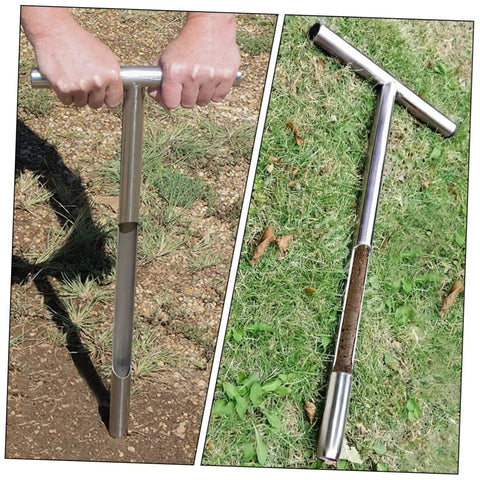 Stainless Steel T Handle Soil Probe For Garden Lawn And Farm Use Compact And Lightweight Sampler with soil core in lush green grass.