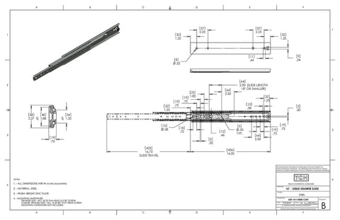 Beefy 16 Inch Steel Drawer Slides With 250 Lb Capacity Full Extension Over Travel Three Quarter Inch Wide Side Mount Ball Bearing Rails For Heavy Duty Drawers technical drawing