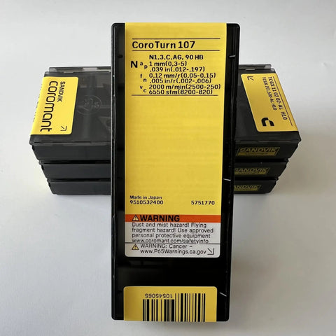 Close-up of CoroTurn 107 CNC inserts box with detailed specifications, suitable for H10 T Max P Turning Insert Set.