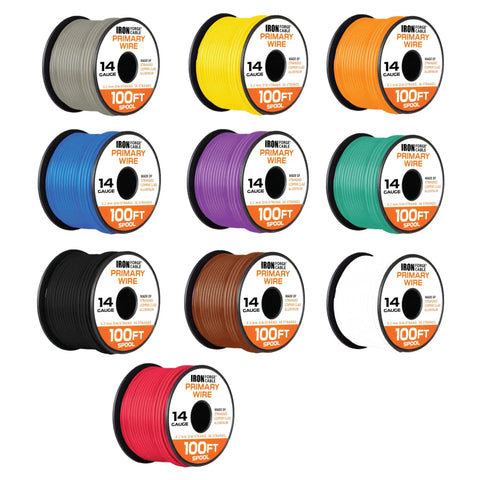 10 color rolls of 14 Gauge Primary Automotive Wire 1000 Ft Total In 10 Color Coded Roll Assortment Pack Copper Clad Aluminum Core PVC Insulated
