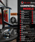 List of compatible brake models for bleed kits with bicycle frame in background and BleedZone logo displayed.