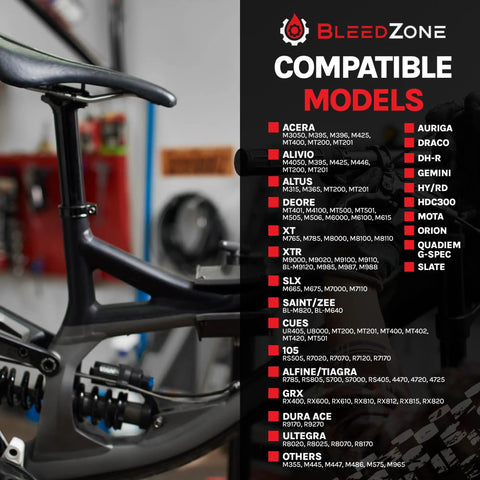 List of compatible brake models for bleed kits with bicycle frame in background and BleedZone logo displayed.