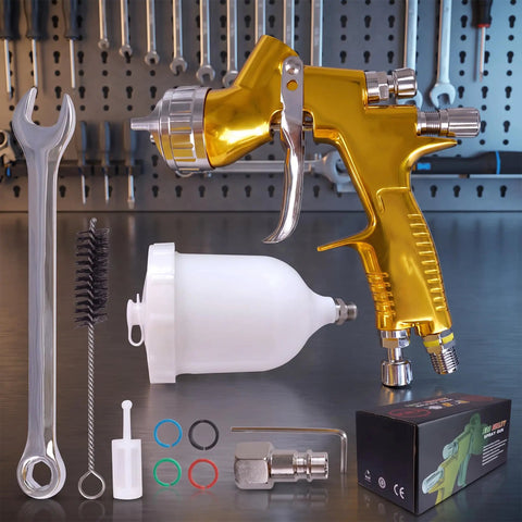 Smooth Operator Gold Toned Pneumatic Hvlp Paint Spray Gun With 1.3Mm And 1.8Mm Stainless Steel Nozzles and 600Ml cup displayed with accessories.