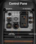 Control panel of Beefy 2800 Watt Portable Inverter Generator for Home and Camping Use with Eco switch and power ports.