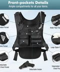 Running Hydration Vest With 2L Water Bladder showing compartments, including hydration pocket, zipper pockets, and detachable holster.