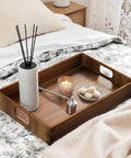 Solid Acacia Wood Serving Trays 2 Pack Real Deal Party Platters with candle and macarons on a bed decor