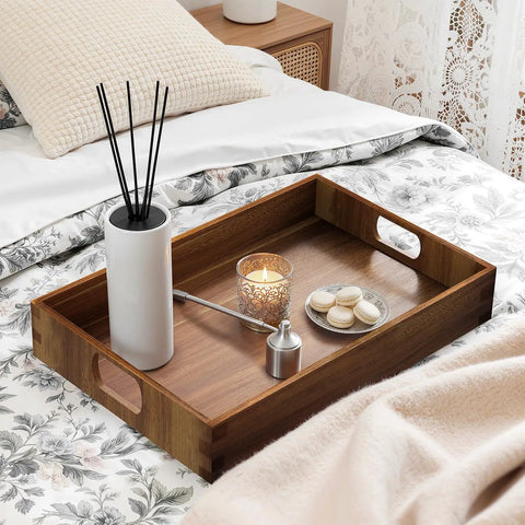 Solid Acacia Wood Serving Trays 2 Pack Real Deal Party Platters with candle and macarons on a bed decor