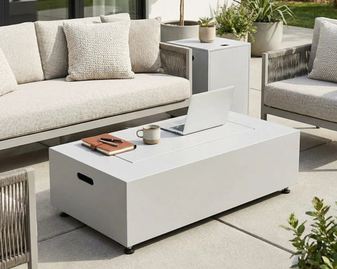 Outdoor Propane Fire Pit Table With 50,000 BTU, No Assembly, grayish white seamless design on patio with seating