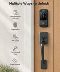 Hassle Free Wifi Smart Front Door Lock Kit With Keyless Entry Deadbolt Handle features app control, fingerprint, PIN, and fob unlock options.