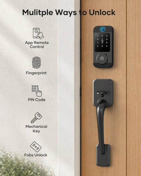 Hassle Free Wifi Smart Front Door Lock Kit With Keyless Entry Deadbolt Handle features app control, fingerprint, PIN, and fob unlock options.
