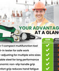 8 In 1 Wire Stripper With Voltage Tester And Crimping Tool For Electricians with advantages list and worker in background