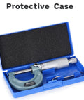 Outside Micrometer With Carbide Tip, Pro Grade Precision 0-1 Inch Range, 0.0001 Inch Accuracy, Vernier Scale For Exact Diameter Readings, Ratchet Stop For Consistent Testing Pressure, Durable Baked Enamel Frame Protection in blue case