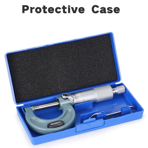 Outside Micrometer With Carbide Tip, Pro Grade Precision 0-1 Inch Range, 0.0001 Inch Accuracy, Vernier Scale For Exact Diameter Readings, Ratchet Stop For Consistent Testing Pressure, Durable Baked Enamel Frame Protection in blue case