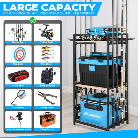 Three Tier Fishing Rod Holder Rack For Garage Up To Eight Rods And Gear Organizer with tackle boxes and reels