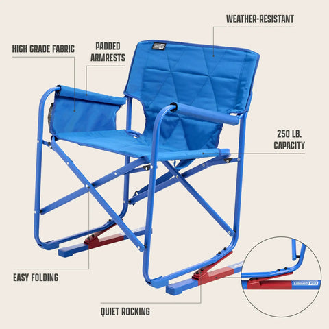 Pro Rocker Chair With Zero G Rocking, Quick Fold Camping Chair, 250 Lb Capacity, Padded Angled Armrests in blue