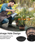 Man gardening with Three Pack 10 Inch Whiskey Barrel Plant Pots With Drainage Holes And Saucers Rustic Wine Barrel Style Planters For Indoor And Outdoor Garden Decor Brown.