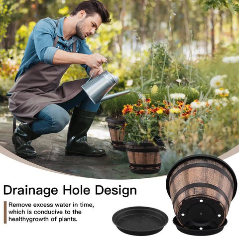 Man gardening with Three Pack 10 Inch Whiskey Barrel Plant Pots With Drainage Holes And Saucers Rustic Wine Barrel Style Planters For Indoor And Outdoor Garden Decor Brown.