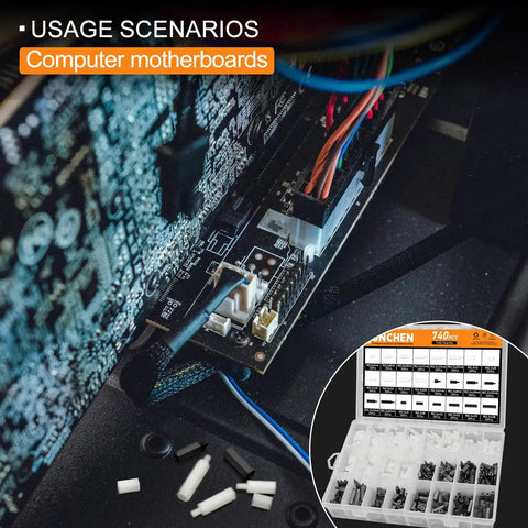 Nylon Hex Spacers And Standoffs Kit All In One, 740 Pieces Black And White M2.5 Assortment For PCBs And UAVs, Includes Male And Female Spacers For Secure Computer Motherboard And Circuit Assembly, with spacers visible in use on a motherboard and kit shown.