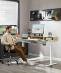 WALKINGDESK 55 Inch Electric Standing Desk With Keyboard Tray Height Adjustable Sit Stand Table Featuring Two Drawers Ergonomic Home Office Computer Desk With Convenient Storage Shelf Sleek Oak Finish For Productive Work in a stylish office setting.