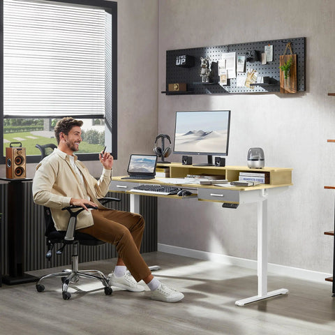 WALKINGDESK 55 Inch Electric Standing Desk With Keyboard Tray Height Adjustable Sit Stand Table Featuring Two Drawers Ergonomic Home Office Computer Desk With Convenient Storage Shelf Sleek Oak Finish For Productive Work in a stylish office setting.