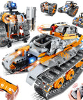 5 In 1 STEM Building Set With LED Lights And App Remote Control Toy Kit 554 Pieces, featuring robots and tanks in orange and gray.