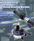 Heavy Duty External Clamp Pipe Beveling Machine With No Fuss Setup And Top Shelf Electric Pipe Cutting For Steel Tubing In 2 To 6.6 Inch Range Running On 220V Single Phase Power Supply displayed with technical parameters.