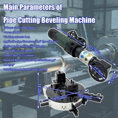 Heavy Duty External Clamp Pipe Beveling Machine With No Fuss Setup And Top Shelf Electric Pipe Cutting For Steel Tubing In 2 To 6.6 Inch Range Running On 220V Single Phase Power Supply displayed with technical parameters.