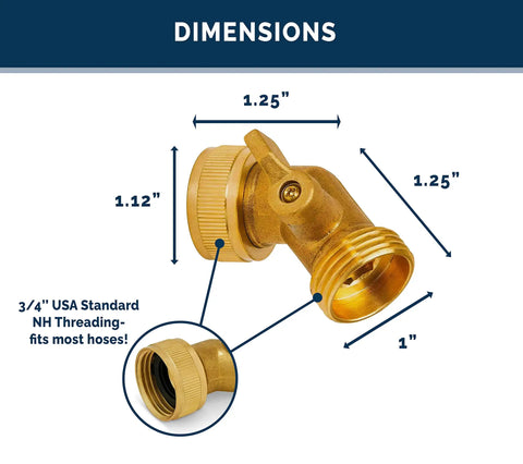 Solid Brass Garden Hose Elbow 45 Degree Bend Three Quarter Inch FHT And Three Quarter Inch MHT With On Off Shutoff Valve And Swivel Connection, Leakproof Water Hose Fittings Includes Tape And Two Extra Washers For Easy No Fuss Setup. 3/4 inch NH threading, dimensions shown
