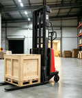 Heavy Duty Semi Electric Pallet Stacker Built Tough Daily Warehouse Jobs Runs Slick On A 48V Battery Packs with wooden crate