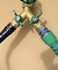 Two Pack Heavy Duty Five-Eighths Inch Garden Hose Female Connectors With Bend Restrictor And Kink Absorber Metal Replacement Ends Repair Fittings For Five-Eighths Inch Hoses Easy Grip Plastic Hose Coupler Kit installed on hose