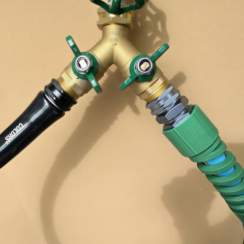 Two Pack Heavy Duty Five-Eighths Inch Garden Hose Female Connectors With Bend Restrictor And Kink Absorber Metal Replacement Ends Repair Fittings For Five-Eighths Inch Hoses Easy Grip Plastic Hose Coupler Kit installed on hose