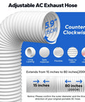 Portable AC Window Vent Kit With 5.9 Inch Exhaust Hose And 5.9 Inch Coupler Bird Guard Adjustable Window Seal From 17 To 63 Inches Universal Sliding Vent Kit For Easy Cooling And A Snug Fit, showing adjustable exhaust hose details.