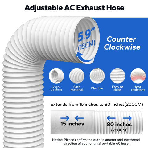 Portable AC Window Vent Kit With 5.9 Inch Exhaust Hose And 5.9 Inch Coupler Bird Guard Adjustable Window Seal From 17 To 63 Inches Universal Sliding Vent Kit For Easy Cooling And A Snug Fit, showing adjustable exhaust hose details.