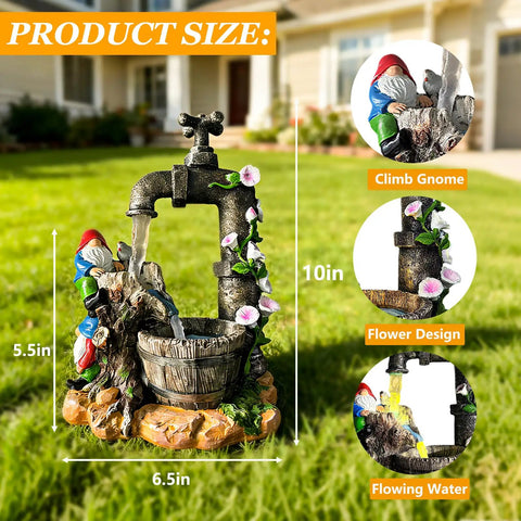 Solar Garden Gnomes Statues With LED Water Fountain 10 Inch Resin Outdoor Yard Decor with gnome climbing design