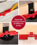 Seven Piece Aluminum Router Table Setup Blocks Gauge Set installed for height measurement on woodworking fixture