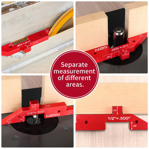 Seven Piece Aluminum Router Table Setup Blocks Gauge Set installed for height measurement on woodworking fixture