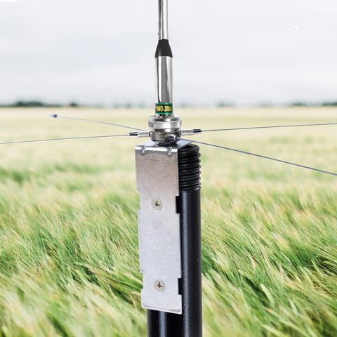 Ground Plane NMO Mount Kit With Four 21 Inch Radials And SO239 Connector installed on 2 inch pole in field