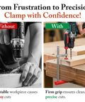 Built Tough Heavy Duty F Clamps Pack A Knockout 630 Pound Grip holding wood securely for precise drilling.